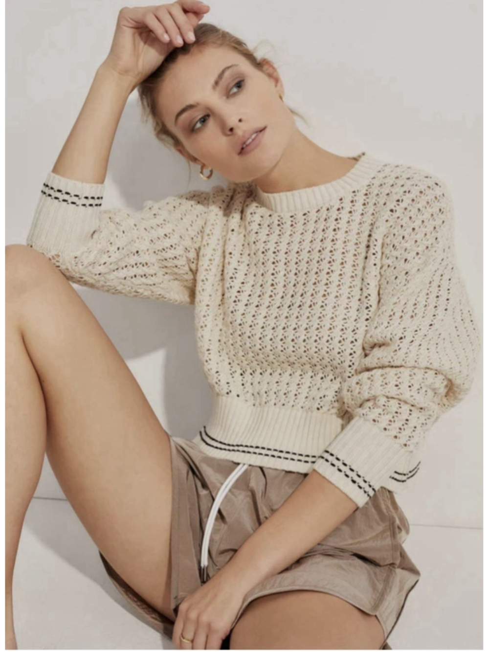 Varley Azores Sweater Light Birch Beige Open Neck Crewneck Crop Cotton EUC